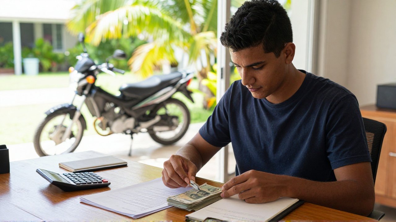 A young man sits at a wooden desk organizing money and a passbook.