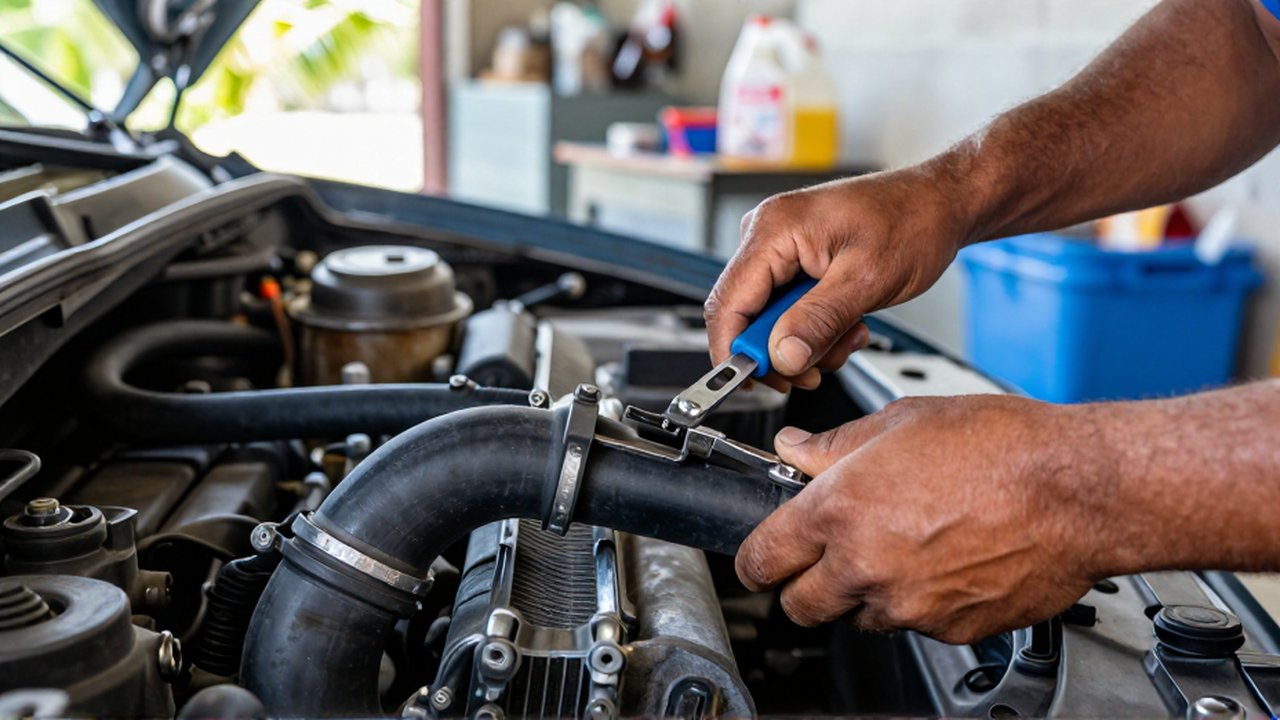 A mechanic's hands use a screwdriver and metal clamps to replace a cracked radiator hose.