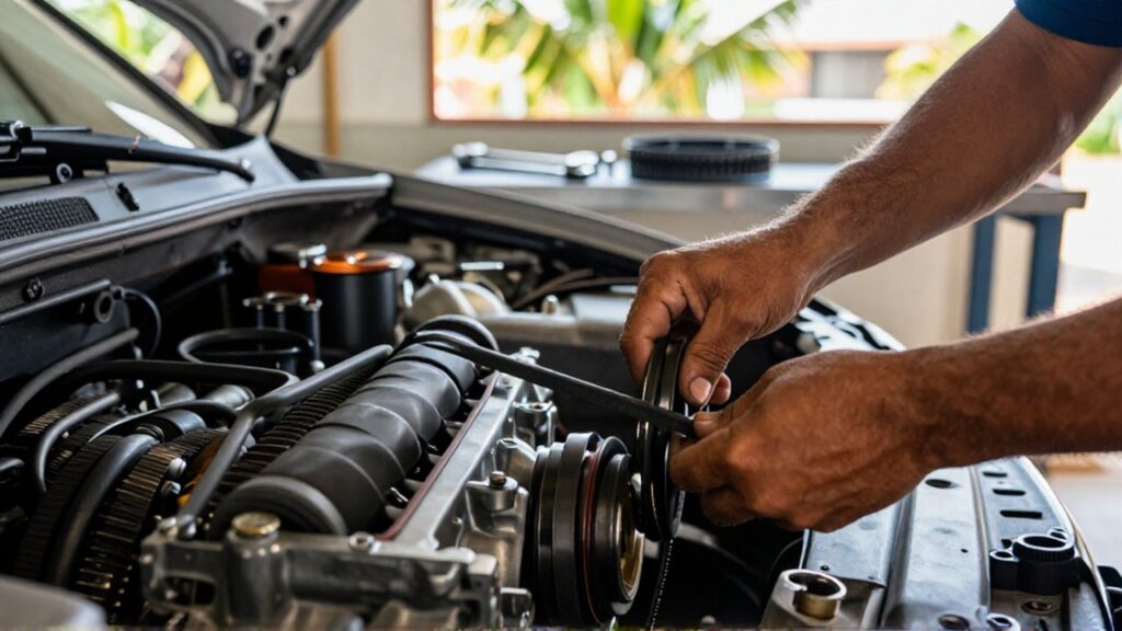 A mechanic's hands precisely install a new rubber timing belt onto a car engine.