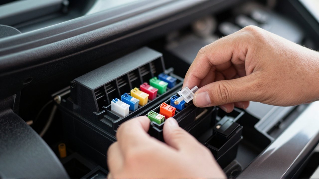 Hands use a small plastic tool to remove a colorful fuse from a vehicle dashboard.