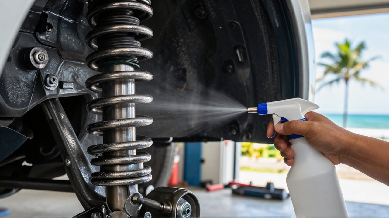 A mechanic sprays a clear anti-corrosion coating onto a vehicle's metal suspension spring and control arm.