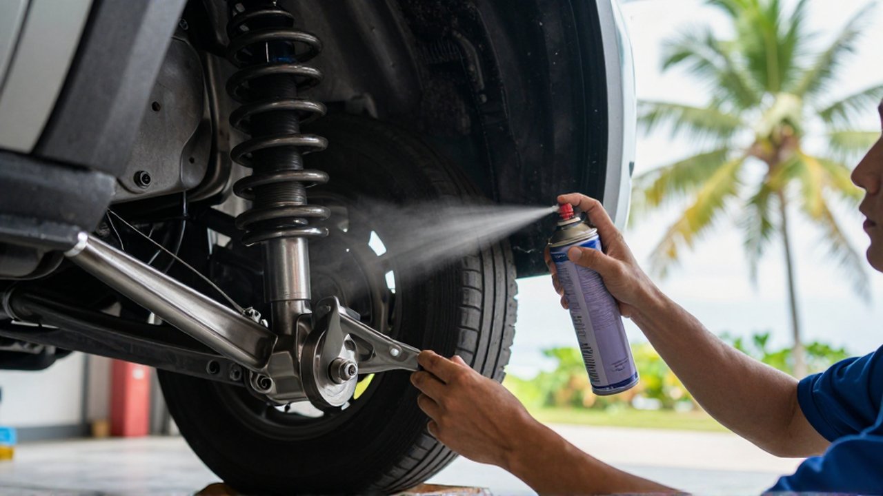 A mechanic applies anti-corrosion spray to a vehicle's metal suspension components in a bright workshop.
