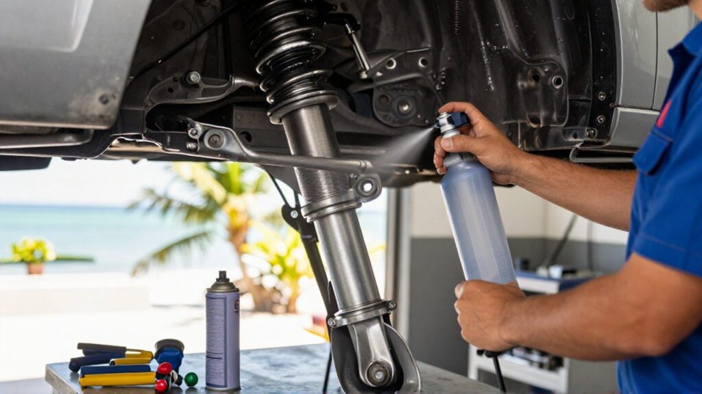 A mechanic applies anti-corrosion spray to a car's metallic suspension system in a bright workshop.