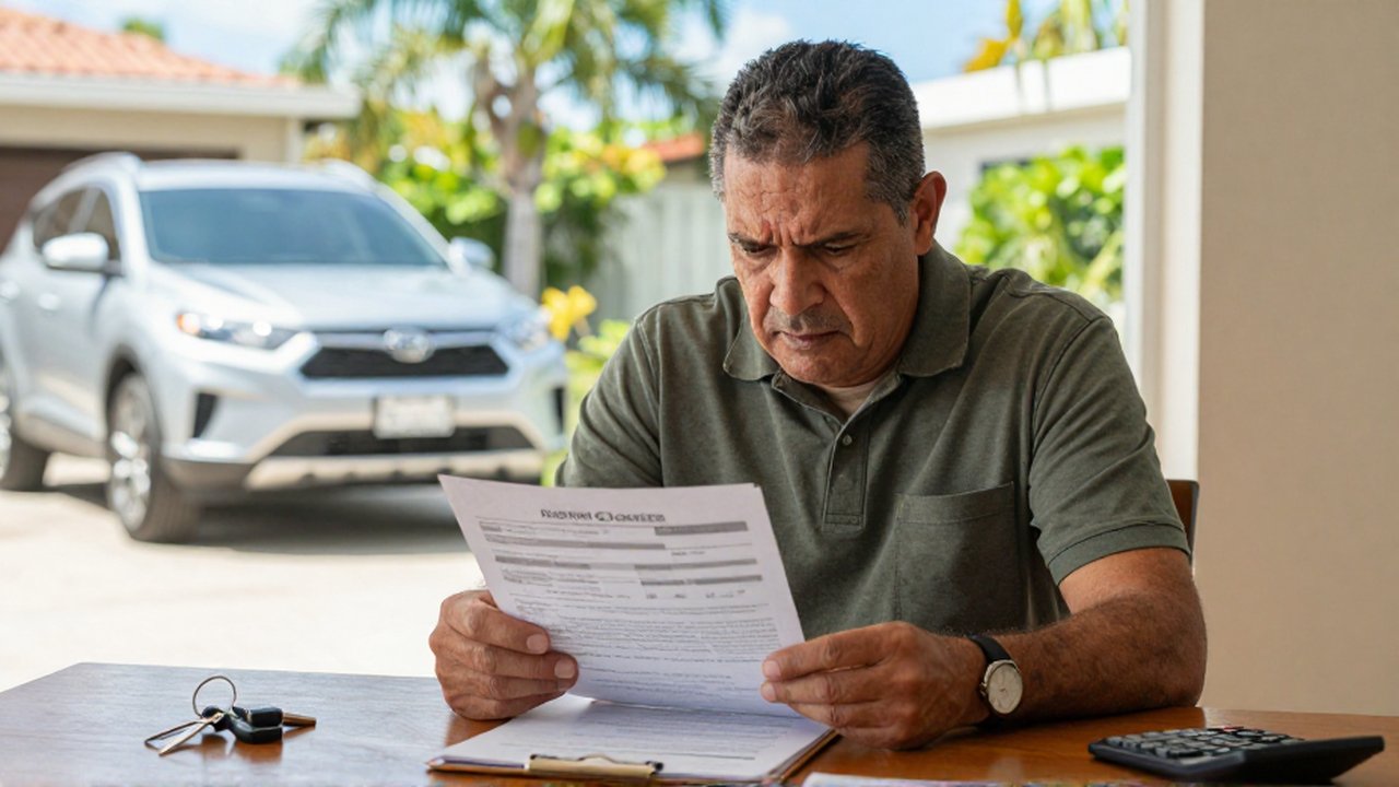 A stressed man reviews car documents and a calculator at a desk near a silver SUV.