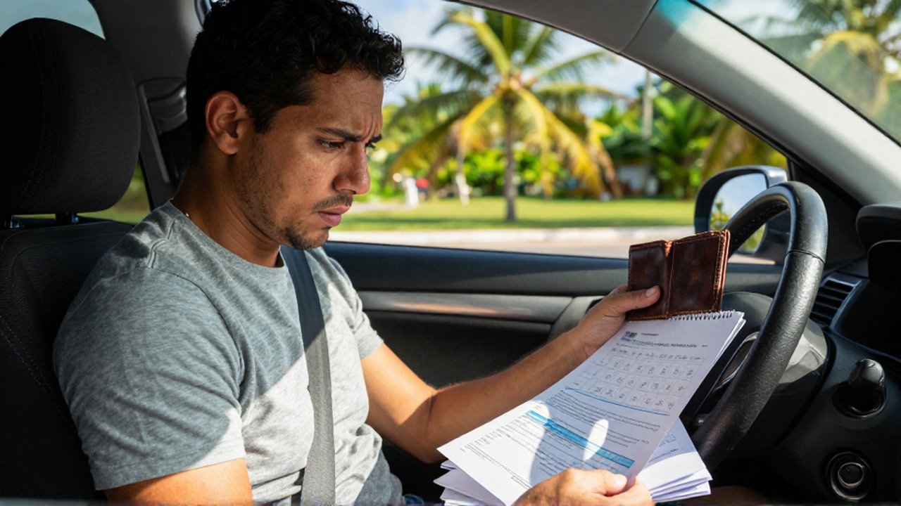 A worried man in a car interior looks down at vehicle registration documents.