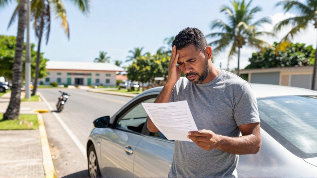 A frustrated man stands by his silver sedan on a sunny tropical street
