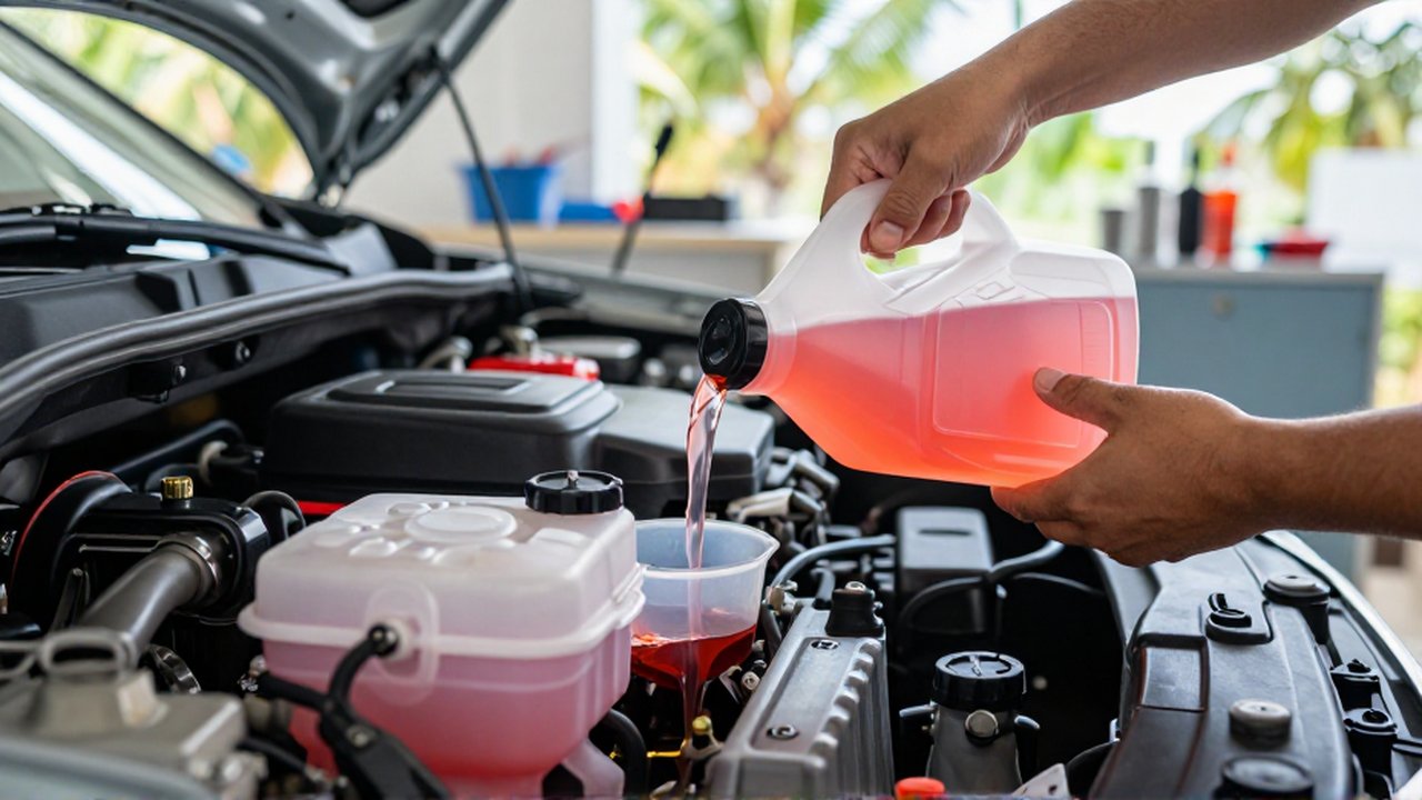 A mechanic pours bright pink coolant into a car's radiator reservoir in a bright workshop.