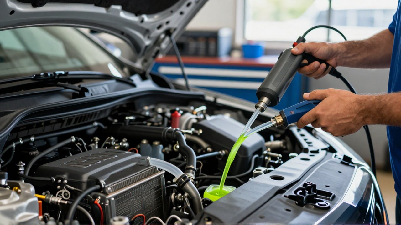 A mechanic uses a pressure tester and clear hoses to drain neon-green coolant in a professional workshop.