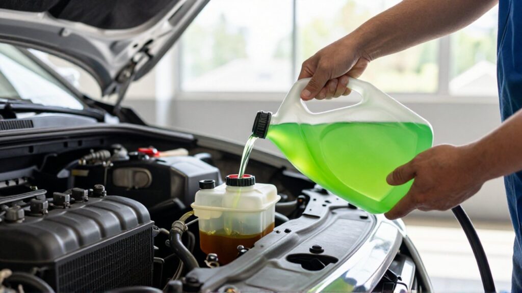 A mechanic pours bright green coolant into a car reservoir while draining old fluid in a modern workshop.