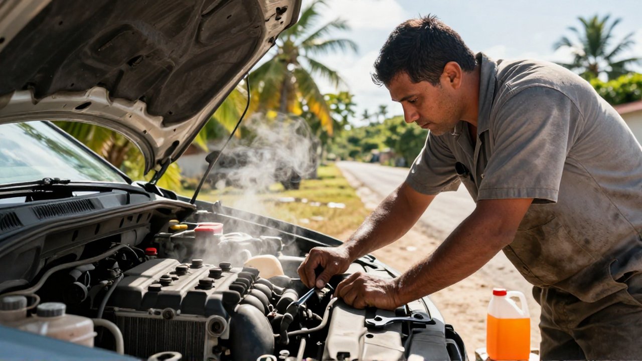 A mechanic inspects a steaming car radiator on a sunny, tropical roadside.