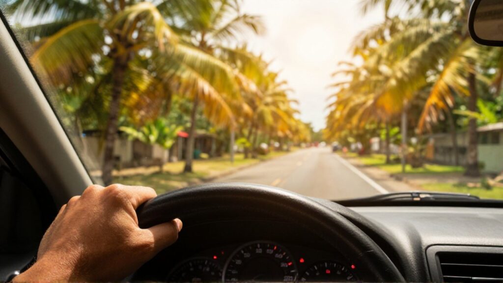 A car thermometer needle climbs toward a red warning zone against a sun-drenched tropical landscape.