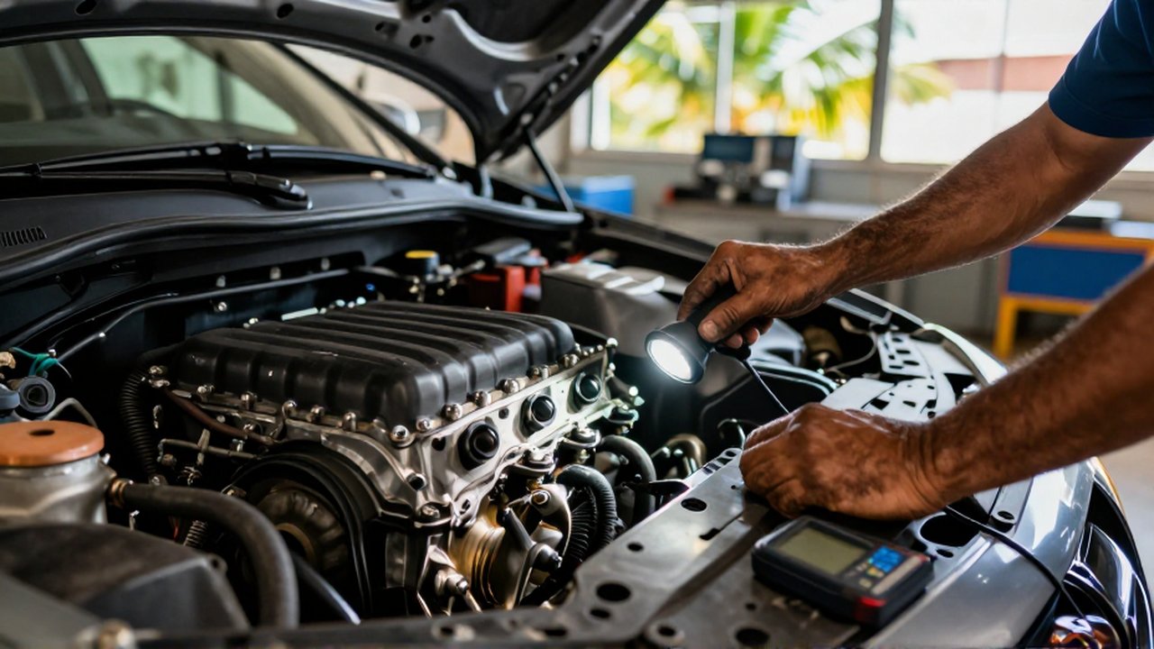 A mechanic uses a flashlight to inspect worn engine mounts and rubber bushings inside a car.