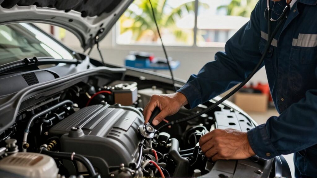 A mechanic in a jumpsuit uses a digital stethoscope to diagnose a car engine in a bright garage.